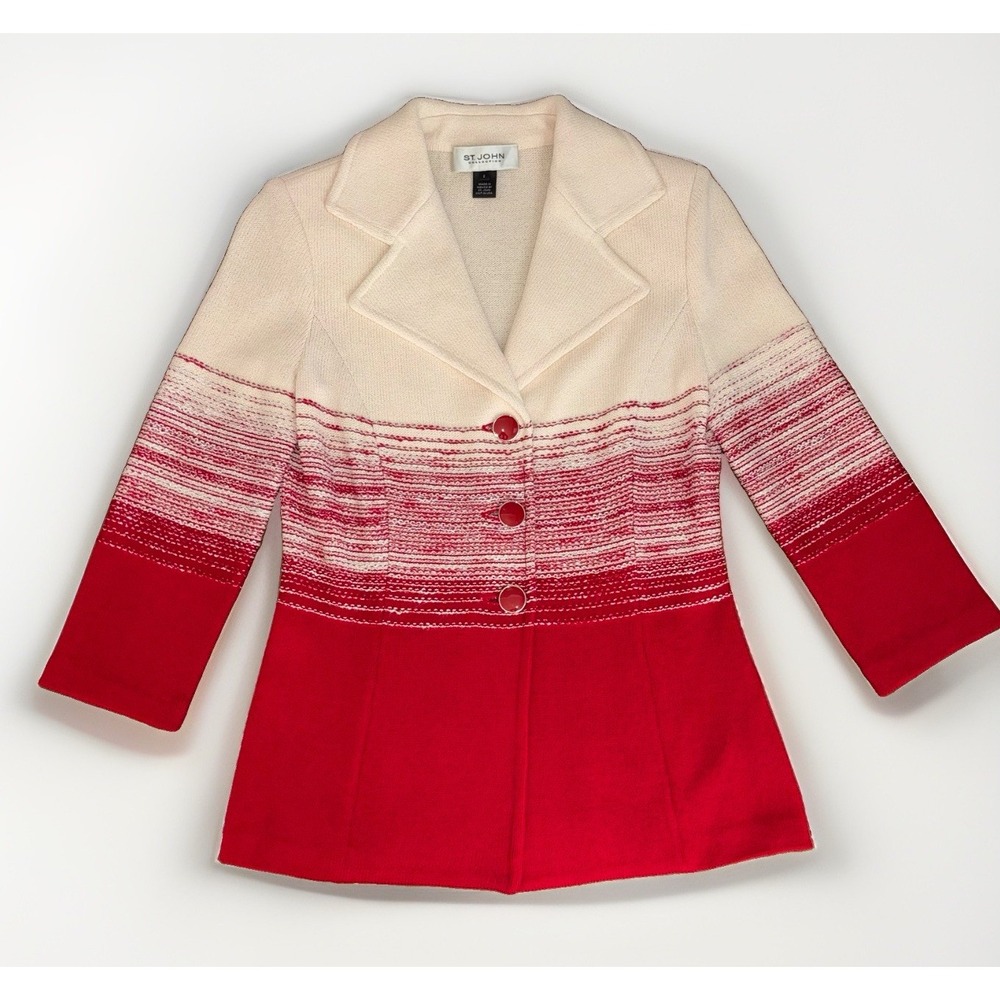 St. John Collection Red & White Gradient Wool Blend Knit Blazer 3 Button Size: 2